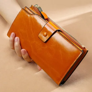Hakiki Deri RFID Anti-Hırsızlık Fırça kadın Cüzdan Uzun Çantalar kart tutucu Cep Telefonu el çantası Deri Vintage Cüzdan