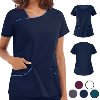 Hemşirelik Giysileri Kadınlar İçin 2021 kadın V Yaka Cep Bakım İşçileri T-Shirt Güzellik Spa Scrubs uniformes de enfermera mujer