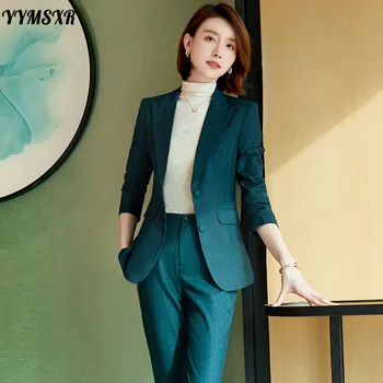 High-end kadın Ofis Pantolon Takım Elbise 2 parça Yeni Sonbahar ve Kış Tek göğüslü Ekose Bayanlar Blazer Yüksek bel 9 noktalı Pantolon