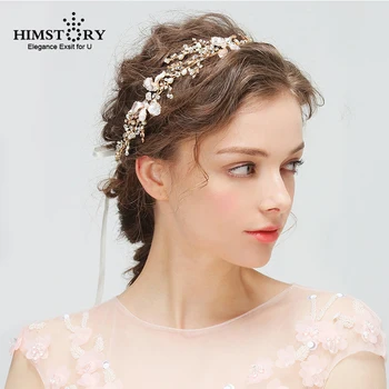 Hımstory Çiçek Düğün Tiara Gelin Kafa Bandı Beyaz / Altın Tiara Hairband İnciler Rhinestones Asma Başlığı Saç Aksesuarı