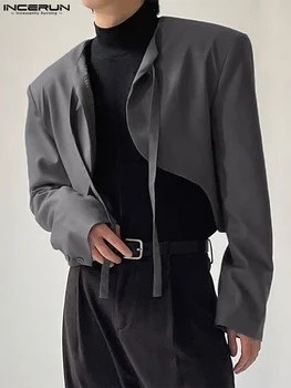 INCERUN Erkekler Düzensiz Blazer Düz Renk Lace Up Uzun Kollu Açık Dikiş Streetwear Kırpma Takım Elbise Erkekler 2022 Moda İnce Palto S-5XL
