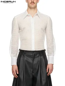INCERUN Üstleri 2022 Erkekler Casual Streetwear Bluz Nefes Örgü Beyaz Dantel Yakışıklı Baskı Uzun Kollu Rahat Gömlek S-5XL
