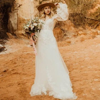 IOD Vestido De Novia 2023 Parlama Kollu A-Line düğün elbisesi Lüks 3D Dantel Aplikler Çiçek Tül gelinlik Düğme Saten