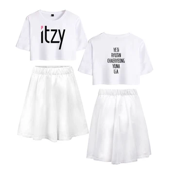 ITZY kadın İki Adet Setleri Sıcak Yeni Yaz beyaz Maruz Göbek T Shirt + siyah Kısa Etek kadın iki parçalı setleri