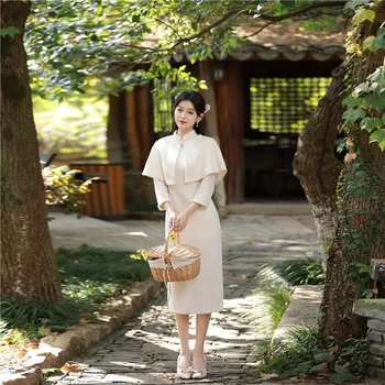 Ince Orta uzunlukta Vizon Polar Cheongsam Kadın Artı Kadife Kış Vintage Artı Boyutu Şal Qipao Geleneksel Çin High-end Elbise