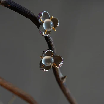 Inspired tasarım gümüş kakma kristal doğal kalsedon oval çiçek küpe bayanlar pastoral zarif klasik takı