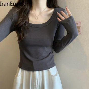 Iranermudı Kadınlar Katı Kare Yaka Gömlek Uzun Kollu Moda Temel T-shirt İnce Bahar Sonbahar 2023 Dış Giyim Tees Tops Gömlek