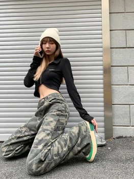 JMPRS Sonbahar Yeni Amerikan Kamuflaj Pantolon Kadın Hip-Hop Gevşek Geniş bacak Pamuklu Kot Kadın Ins Pamuklu Denim Pantolon Streetwear