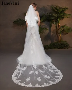 JaneVini Zarif Dantel Aplike Düğün Gelin Veils 2 Katmanlar Tül 3 Metre Uzun Katedrali Braut Gelin Peçe Tarak Fildişi Beyaz