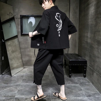 Japon Geleneksel Kimono Yukata yazlık pantolonlar İki Parçalı Yedi noktalı Ceket Erkekler Japonya Baskı Şort Hırka Harajuku Giyim Setleri