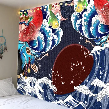Japon Goblen Duvar Asılı Anime Soyut Resim Ukiyoe Dalga balık vinci Hippi Boho Ev Odası Dekor Trippy Sanat Tapiz Halı