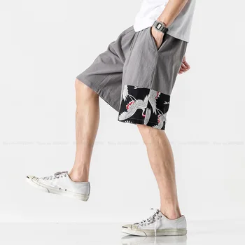 Japon Harajuku Streetwear Şort Çin Tarzı Vinç Baskılı rahat pantolon Erkekler Yaz Moda Pamuk Keten Spor Sweatpants