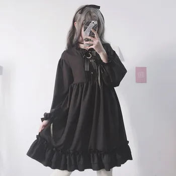 Japonya Kadın Loli tarzı Elbise kadın kıyafetleri 2021 İlkbahar Ve Sonbahar Siyah Elbise papyon şifon elbise Elbiseler Kadın Parti Gece