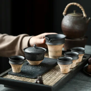 Jingdezhen Taş Komple Set Porselen Kung Fu çay seti Seti Çömlek Sanatçısı Çalışır Basit Siyah Hediye Altı Parçalı Set