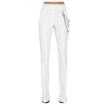 KALITE Yeni YÜKSEK 2021 Tasarımcı Pantolon kadın Metal Zincir Süslenmiş Beyaz Pantolon Pantolon