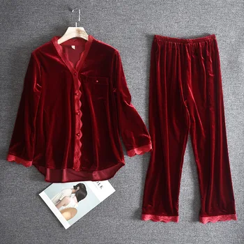 Kadife Kadın Pijama Seti Düğmeli Salonu Aşınma Yumuşak 2 Adet Gömlek ve Pantolon Sonbahar Kadife Pijama Ev Giysileri Gevşek Kıyafeti