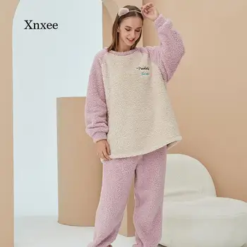 Kadife Pijama Setleri Kış Sıcak Kawaii Pazen Kadınlar için Vintage Yumuşak Pijama Atoff Ev Moda Peluş Kıyafeti Eşofman
