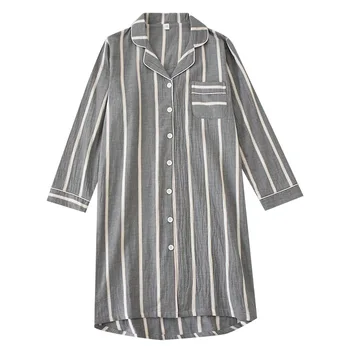 Kadın Bahar Uzun Kollu Gecelik %100 % Pamuk Kadın Pijama Çizgili Gecelik Artı Boyutu Gecelik Ev Uyku Elbise