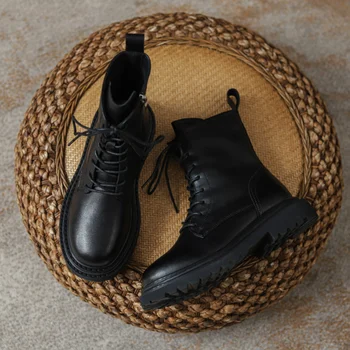 Kadın Deri yarım çizmeler Sonbahar Kış Lace Up Siyah Kahverengi Düşük Kare Topuklu Zarif Fermuar Yuvarlak Ayak Sokak Ayakkabı Botas Mujer
