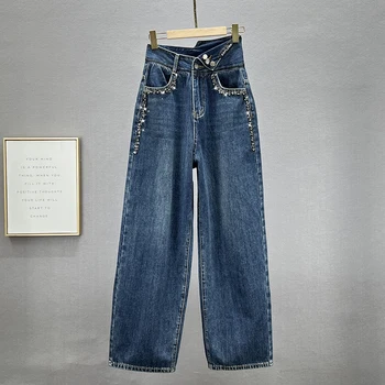 Kadın Elmas Kot Pantolon 2022 Yeni Bahar Sonbahar Düzensiz Bel Gevşek Geniş bacaklı Pantolon Pantolon Yüksek Sokak Kızlar Jean Mujer
