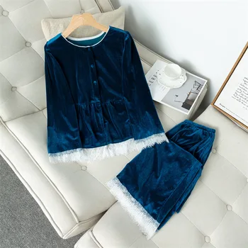 Kadın Ev Giyim Sonbahar Yeni Kıyafeti Mor Pijama Takım Elbise Uzun Kollu Kadife 2 ADET Uyku Seti Rahat Pijama Samimi İç Çamaşırı
