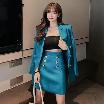Kadın Kore Zarif İki Adet Set 2021 Yeni Ofis Bayan Moda Düğme Takım Elbise Mont + Mini Etek Setleri Falls Giyim Kadın