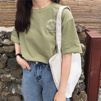 Kadın Kore kısa kollu tişört Komik Grafik Mektuplar Baskı O-Boyun Gevşek Tops