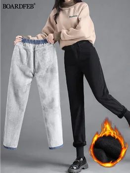 Kadın Kot Pantolon Kış Sıcak Rahat Ince Denim kalem pantolon Bayanlar Streç Kalınlaşmak Polar Yüksek Bel Sıska Düz Pantolon
