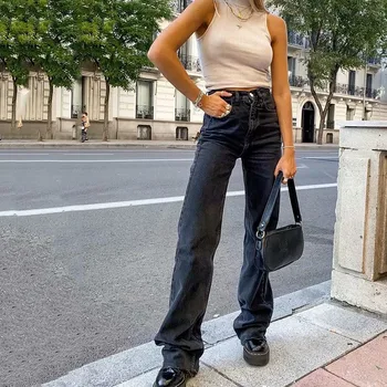 Kadın Kot Sonbahar Kış Yüksek Bel Hımbıl Siyah Düz Bacak Kot Pantolon Geniş Bacak Pantolon Güz Vintage Casual Yüksek Sokak Pantolon