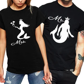 Kadın Kısa Kollu Yaz Serin Çift dişi t parça Gömlek T-shirt Severler için Komik Baskı Mermaid bol tişört