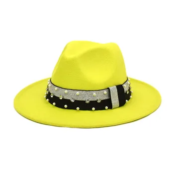 Kadın Kış Fedora Şapka Geniş Ağız Keçe Siyah Zincir Panama Fötr Kap Bant Polyester Geniş Ağızlı Erkek Fedora panama şapkası