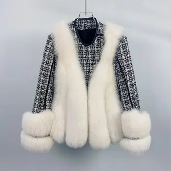 Kadın Lüks yün paltolar Kış Moda Kafes Mont Gerçek Tilki Kürk Balıksırtı Ceketler Kalın Sıcak Kabarık Giyim