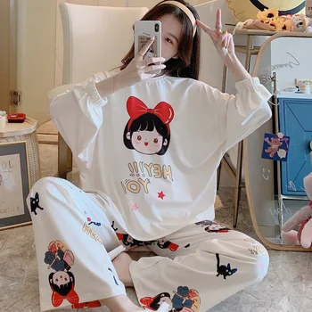 Kadın Pijama Gevşek Versiyonu Pamuk Bahar Gecelik Karikatür Artı Boyutu XXXL Pijama Seti Prenses Tarzı Kazak Pijama