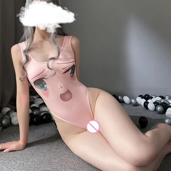 Kadın Seksi Anime Yüz Bodysuit Açık Kasık Gizli Düğme Oyuncak Erotik İç Çamaşırı Tek Parça Mayo Pembe Kawaii Cosplay Kostümleri