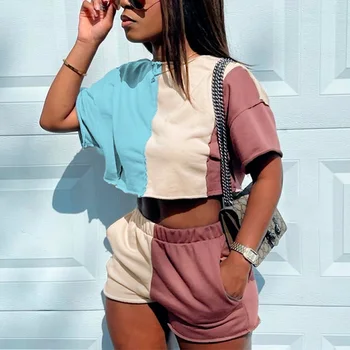 Kadın Set Kısa Kollu Renk Blok Yamalı Tişört Ve Elastik Bel Şort Takım Yaz Rahat Sokak Giyimi Eşofman Takımı 