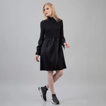 Kadın Siyah Pu Deri Patchwork Elbise Bayanlar Uzun Kollu Standı Yaka Sonbahar Elbise Güzel Yeni Moda Kadınlar Diz Elbiseler Vintage
