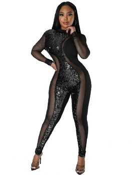 Kadın Siyah Sequins Tulum 2023 Bahar Yeni Ürün Katı Uzun Kollu Yüksek Bel Pantolon Kadın Moda Seksi İnce Tulum