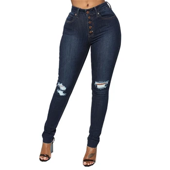 Kadın Skinny Jeans Yüksek Bel Düğme Up Bayanlar Yırtık Kot kalem pantolon Rahat Slim Fit Tüm Maç Delik Anne Tam Boy Pantolon