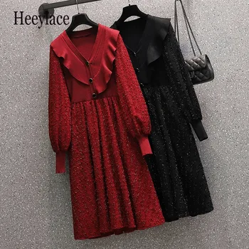 Kadın Sonbahar Kış Örme Ruffles Patchwork Elbiseler Fransız Vintage Zarif Tüvit Vestidos Kore Günlük Elbiseler