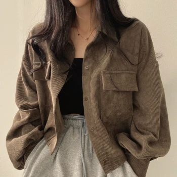 Kadın Vintage Gevşek Kadife Kalınlaşmış Uzun Kollu Mahsul Ceket Sonbahar Moda Kahverengi Zarif Pamuklu Rahat Harajuku Streetwear