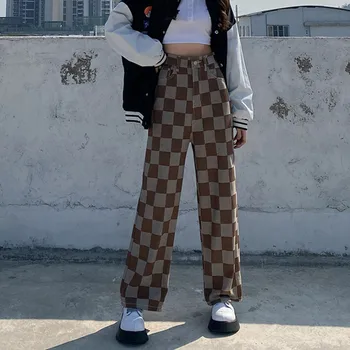 Kadın Yeni Retro Dama Tahtası Düz bacak Kot Bahar Klasik Harajuku Tarzı Yüksek Sokak INS Dört Mevsim Uzun pantolon