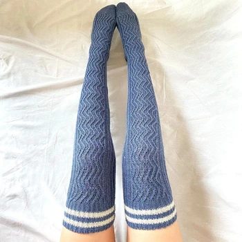 Kadın Çizgili Dalgalı Büküm Diz Örgü Çorap Uzun Çorap Sonbahar ve Kış Sıcak Büküm Örgü Çorap Süper Uzun Çorap