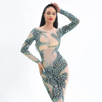 Kadın Şarkıcı Modeli Sahne Performansı Kostüm şeffaf ağ Baskılı Rhinestones uzun elbise Ünlü Doğum Günü Festivali Elbise