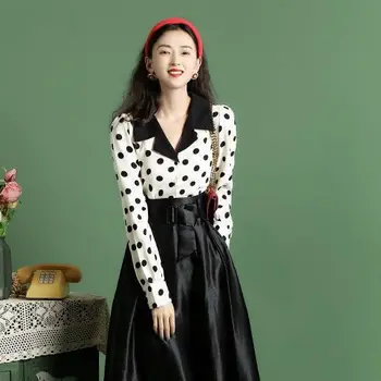 Kadınlar 2022 İlkbahar Sonbahar Fransız Retro Takım Elbise Kadın Polka Dot Uzun Kollu Gömlek Bayanlar Yüksek Bel A-line Etekler 2 parça Setleri R239