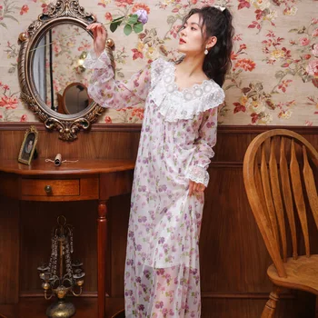 Kadınlar Uzun kollu Gecelik Bahar Retro Tatlı Prenses Gecelikler Gevşek Artı Boyutu Modal Pijama Çiçek Baskı Uyku Elbise