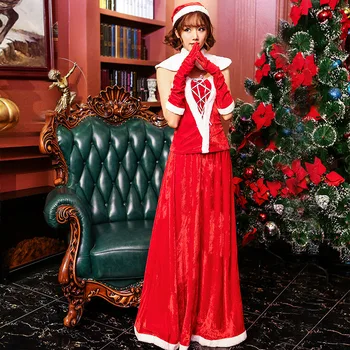 Kadınlar Zarif Kırmızı Üst Kat Uzunlukta Etek Kısa Pelerin Eldiven Şapka 5 ADET Set Karnaval Deguisement Seksi Cadılar Bayramı Noel Kostümleri