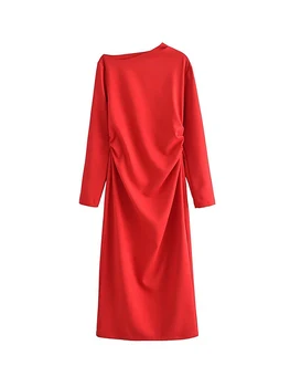 Kadınlar Zarif Slash Boyun Kırmızı Midi Elbise Bahar Sonbahar Uzun Kollu Dantelli Kıvrımlar İnce Elbiseler