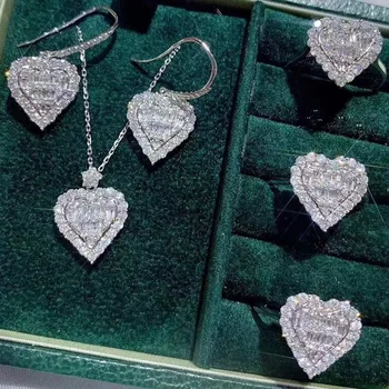 Kalp Severler Lab Elmas takı seti 925 Ayar Gümüş Promise Parti alyanslar Küpe Kolye Kadınlar İçin Gelin Takı
