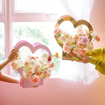 Kalp Şekli Taşınabilir Çiçek Kutusu 10 adet/grup Romantik Kağıt ambalaj kutusu Düğün Parti Dekor için Çiçekçi Kullanışlı Çiçek Hediye Çantası