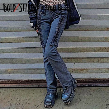 Kalın Gölge Grunge Moda Gotik Denim Kot Düşük Bel Bandaj Sıska Kadın Kot Streetwear y2k Vintage Katı Pantolon Kış